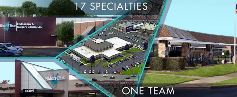Elkhart Clinic location image stating 17 specialties and 1 team